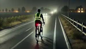 Un cycliste roule sur une route par faible luminosité en milieu rural.