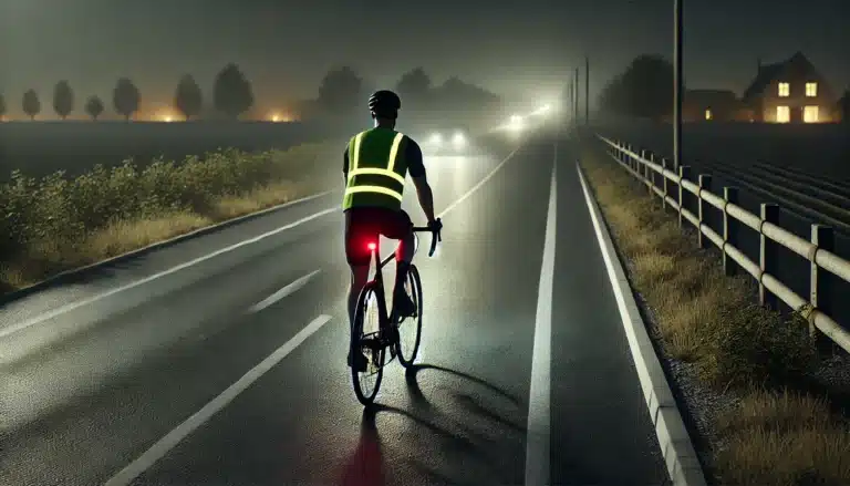 La visibilité à vélo par faible luminosité : un enjeu de sécurité et de responsabilité individuelle 30 Un cycliste roule sur une route par faible luminosité en milieu rural.
